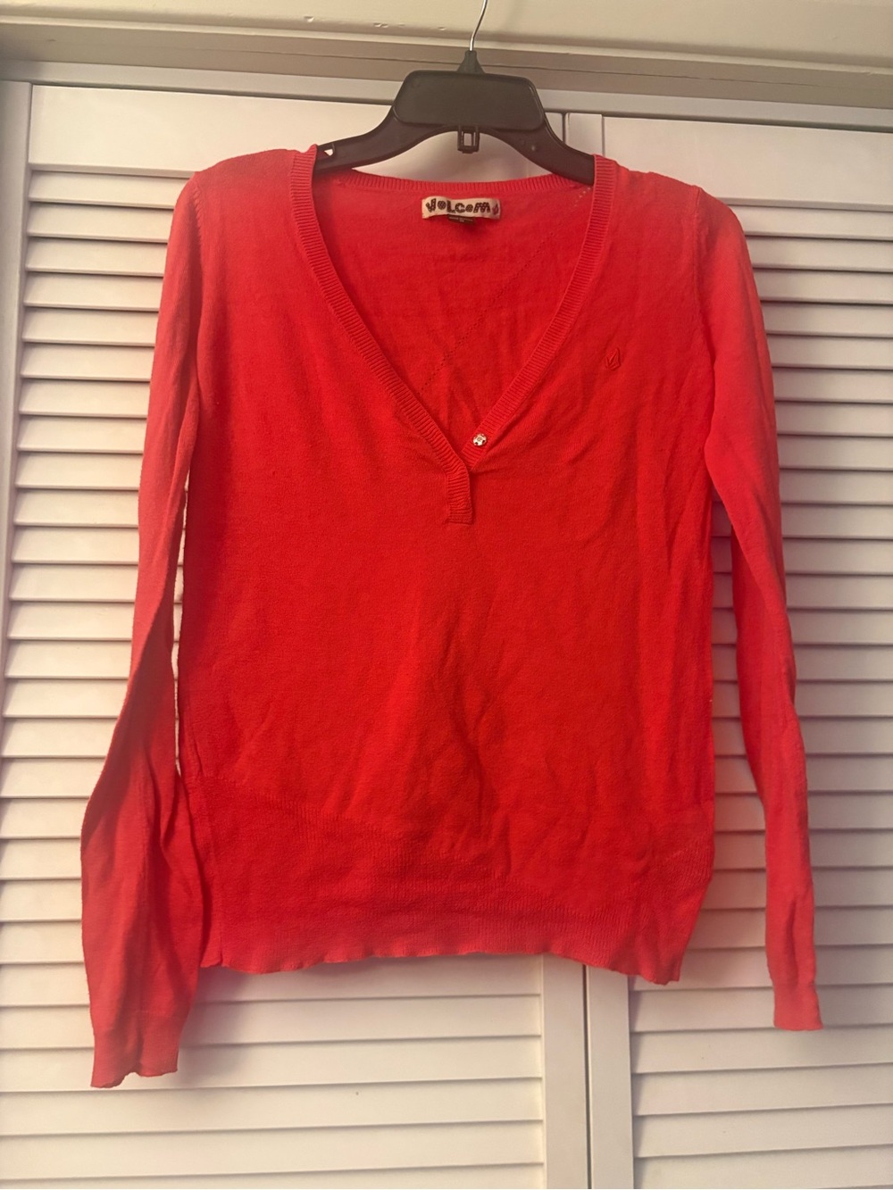 Volcom Women's Red V-Neck Long Sleeve Knit Top
